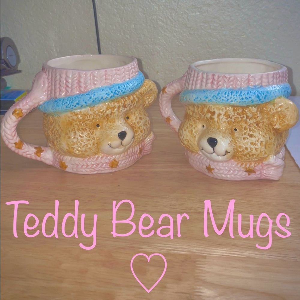 Vintage TeddyBear Coffee or Tea Mugs~3D Ceramic Pastel Pink&Blue Collectible🧸